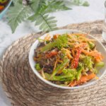 Auf einem Teller angerichtete, keto-freundliche Gemüsepfanne mit Brokkoli, Karotten, Paprika und Sprossen. Obenauf befinden sich Sesamsamen als Dekoration.