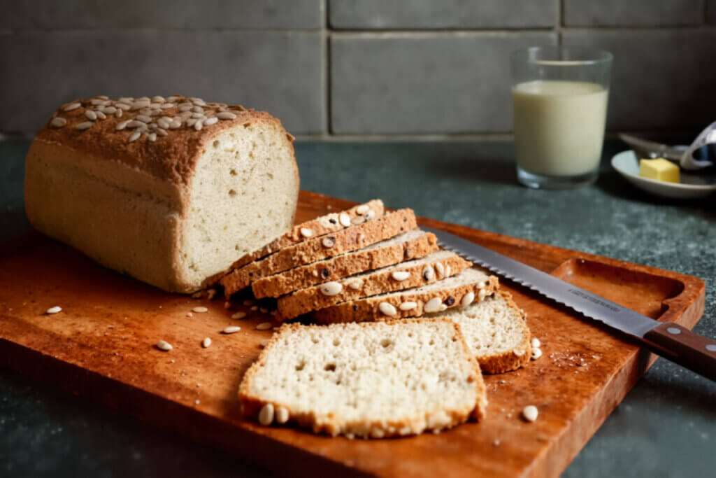 Ein angeschnittenes Low Carb Kefir-Sonnenblumenkernbrot mit Sonnenblumenkernen bestreut, auf einem Holzbrett liegend, daneben ein Messer und ein Glas Milch.