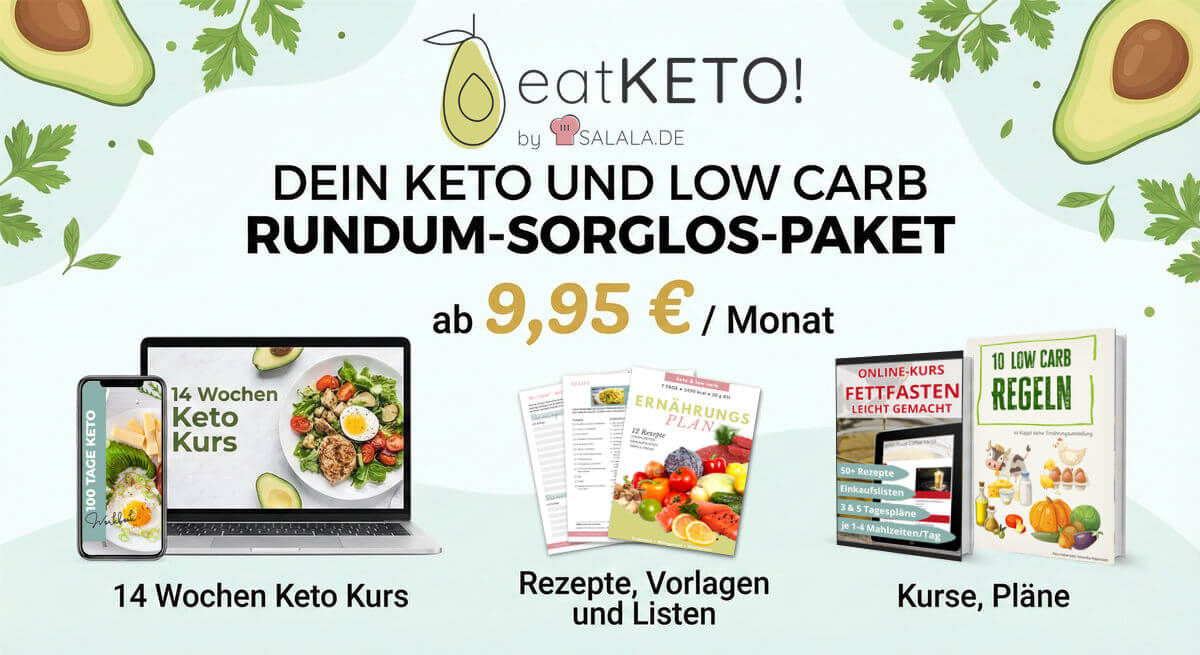 eatKETO! Low Carb & Keto Rundum-Sorglos-Paket Helles Banner für eatKETO! by salala.de mit Avocados und Petersilie. Text: "Dein Keto und Low Carb Rundum-Sorglos-Paket ab 9,95 € / Monat". Abgebildet sind digitale Kursinhalte auf Laptop und Smartphone (14 Wochen Keto Kurs), gedruckte Ernährungspläne und Listen sowie Buchcover zu "Fettfasten" und "10 Low Carb Regeln".