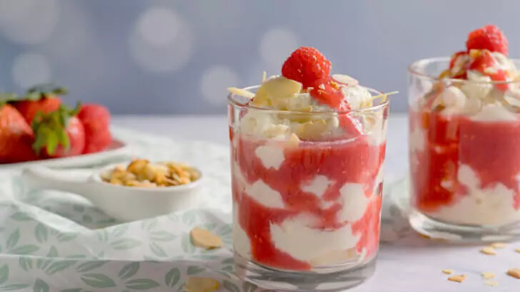 Zwei Gl&auml;ser mit cremiger Cheesecake-Creme und Beerensauce, dekoriert mit Himbeeren und Mandeln auf einer gemusterten Tischdecke.