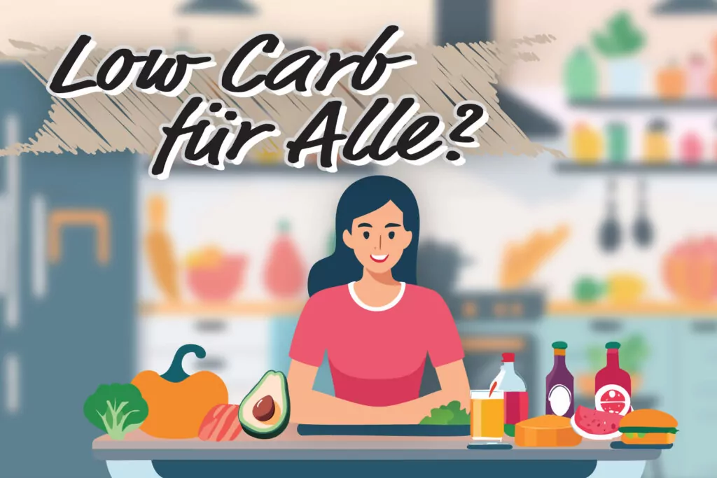 Frau sitzt an einer Theke, auf der verschiedene Low-Carb-Lebensmittel wie Avocado, Kürbis, Bacon, und Getränke platziert sind. Im Hintergrund sind weitere Küchenutensilien und Dekorationselemente zu sehen.